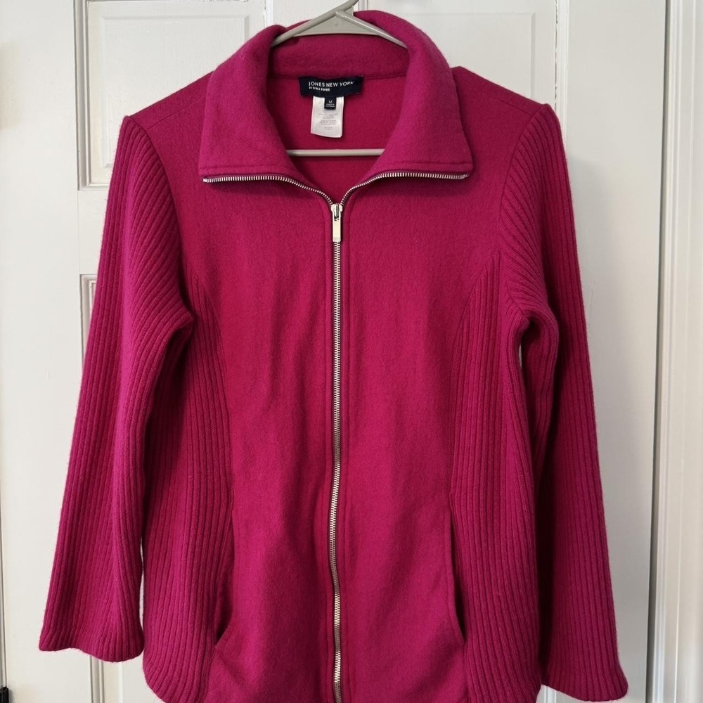 Jones New York Signature Pink Wool Blend Zip Up Ribbed Knit Jacket Womens Medium - Picture 1 of 7